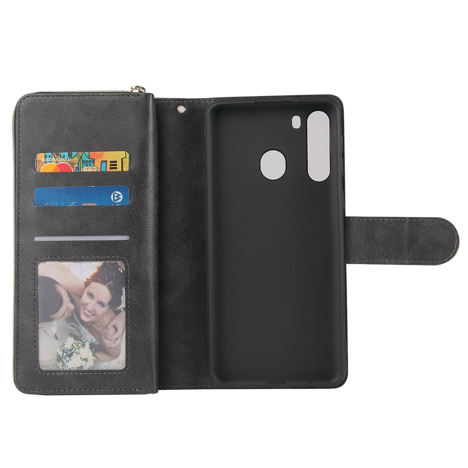 For Samsung A01/A21/A31/A41/A51 Pu Leather  Mobile Phone Cover Zipper Card Bag   Wrist Strap black