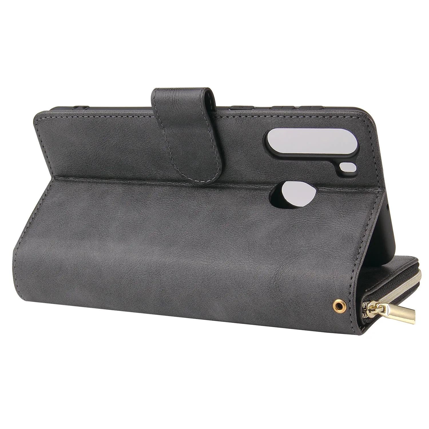 For Samsung A01/A21/A31/A41/A51 Pu Leather  Mobile Phone Cover Zipper Card Bag   Wrist Strap black
