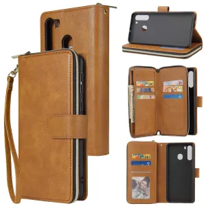For Samsung A01/A21/A31/A41/A51 Pu Leather  Mobile Phone Cover Zipper Card Bag   Wrist Strap brown