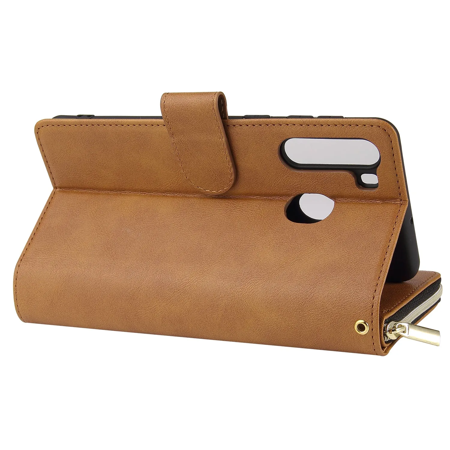 For Samsung A01/A21/A31/A41/A51 Pu Leather  Mobile Phone Cover Zipper Card Bag   Wrist Strap brown