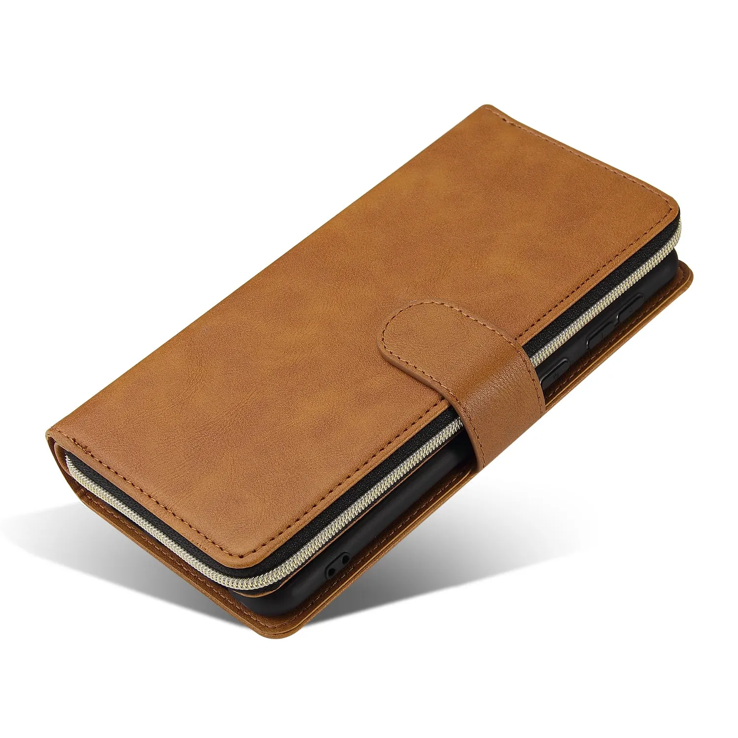 For Samsung A01/A21/A31/A41/A51 Pu Leather  Mobile Phone Cover Zipper Card Bag   Wrist Strap brown