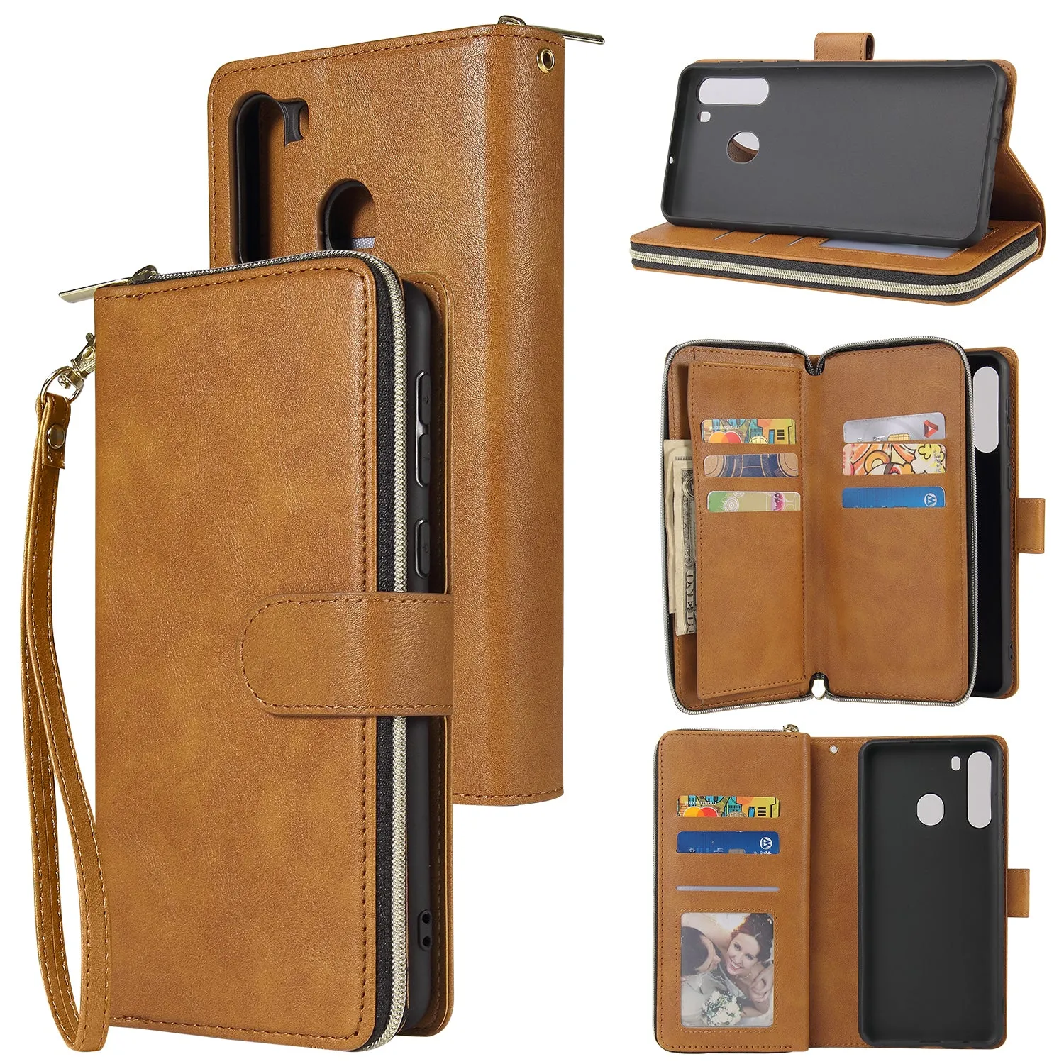 For Samsung A01/A21/A31/A41/A51 Pu Leather  Mobile Phone Cover Zipper Card Bag   Wrist Strap brown