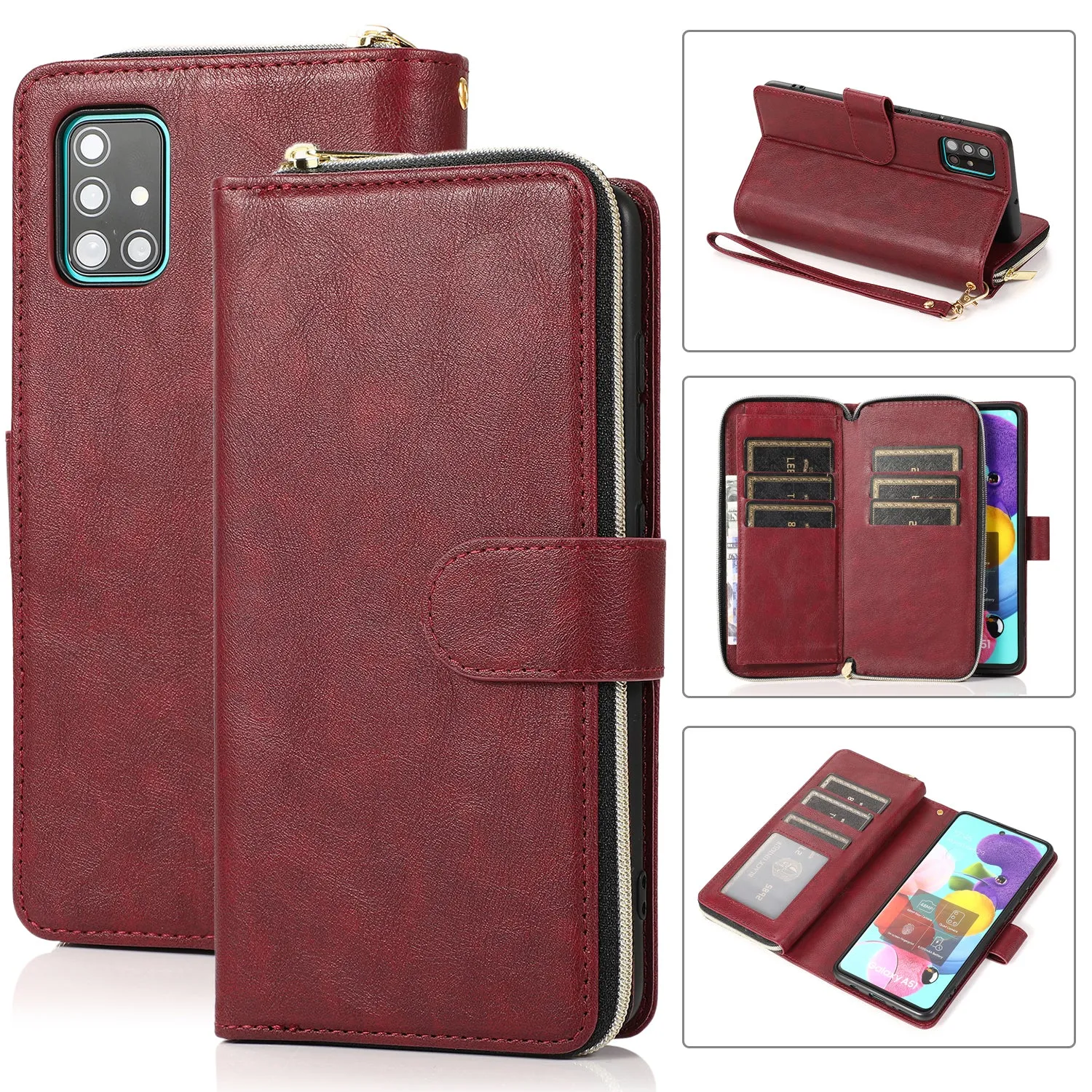 For Samsung A01/A21/A31/A41/A51 Pu Leather  Mobile Phone Cover Zipper Card Bag   Wrist Strap Red wine