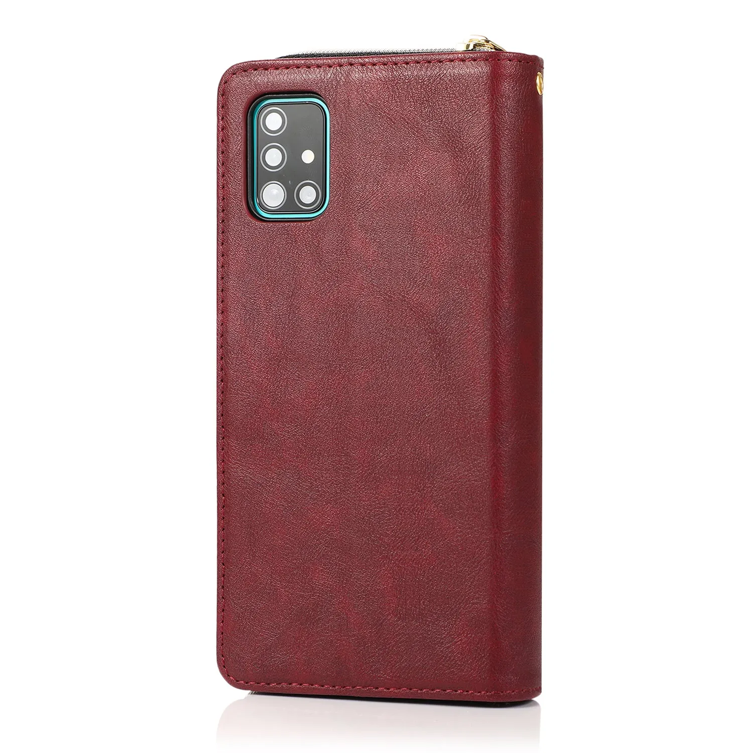 For Samsung A01/A21/A31/A41/A51 Pu Leather  Mobile Phone Cover Zipper Card Bag   Wrist Strap Red wine