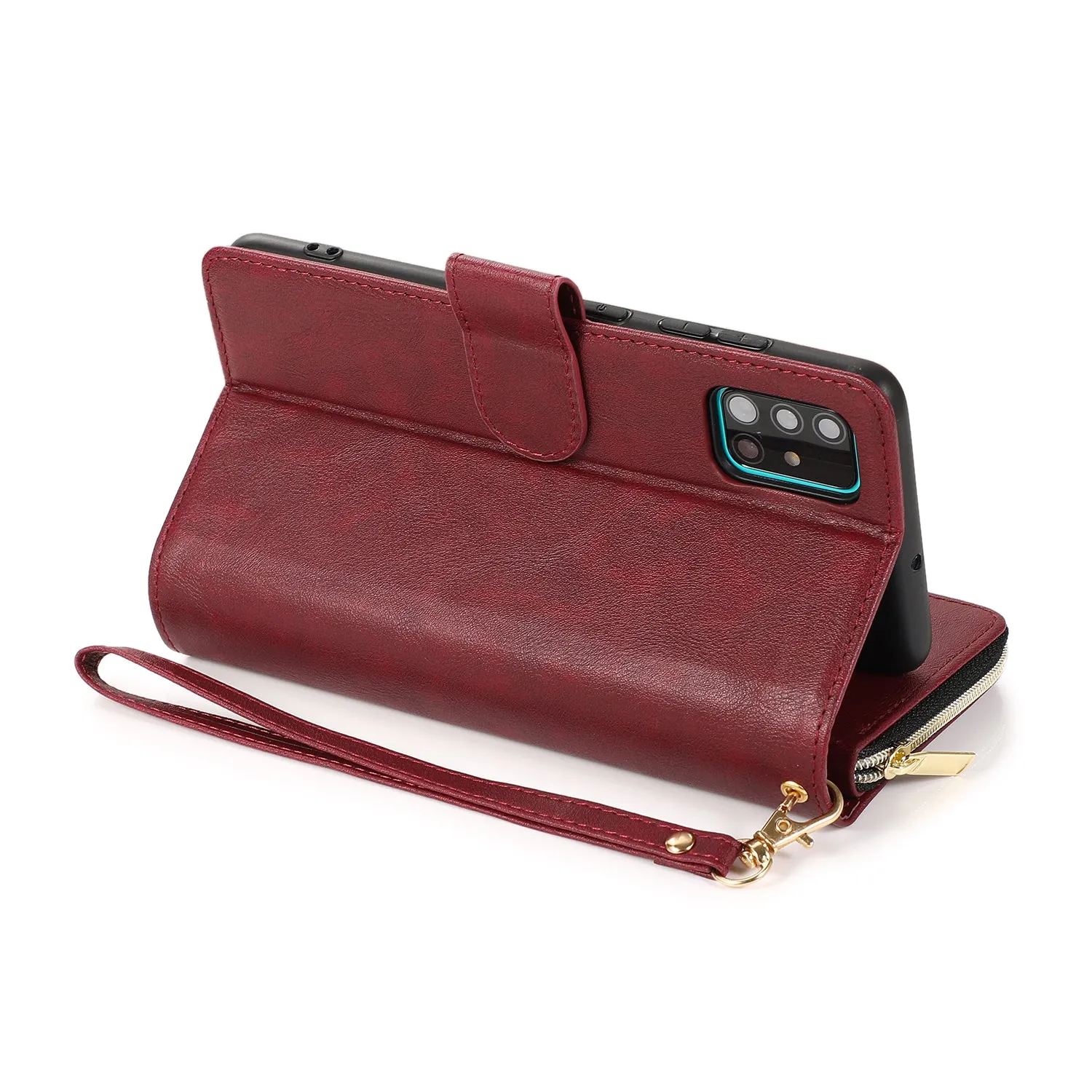 For Samsung A01/A21/A31/A41/A51 Pu Leather  Mobile Phone Cover Zipper Card Bag   Wrist Strap Red wine