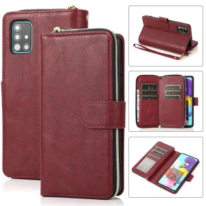 For Samsung A01/A21/A31/A41/A51 Pu Leather  Mobile Phone Cover Zipper Card Bag   Wrist Strap Red wine