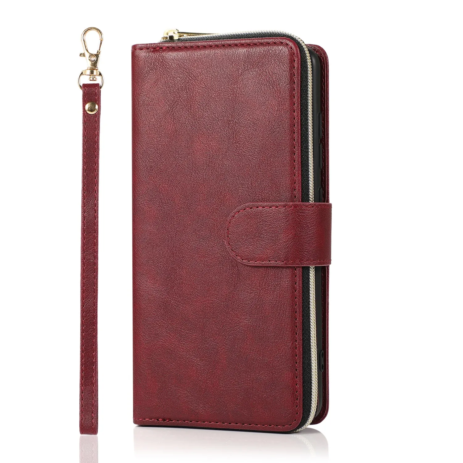 For Samsung A01/A21/A31/A41/A51 Pu Leather  Mobile Phone Cover Zipper Card Bag   Wrist Strap Red wine