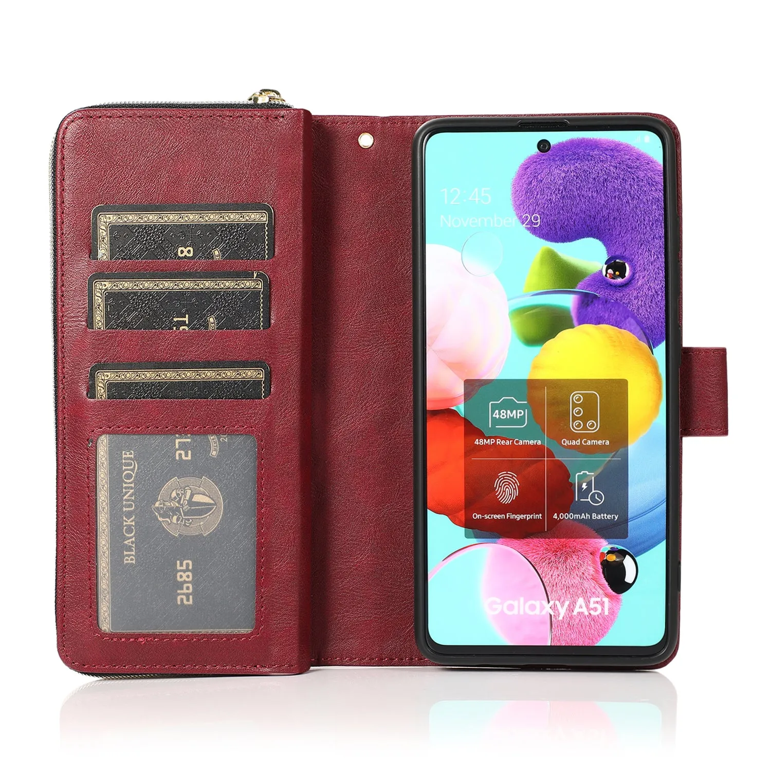For Samsung A01/A21/A31/A41/A51 Pu Leather  Mobile Phone Cover Zipper Card Bag   Wrist Strap Red wine