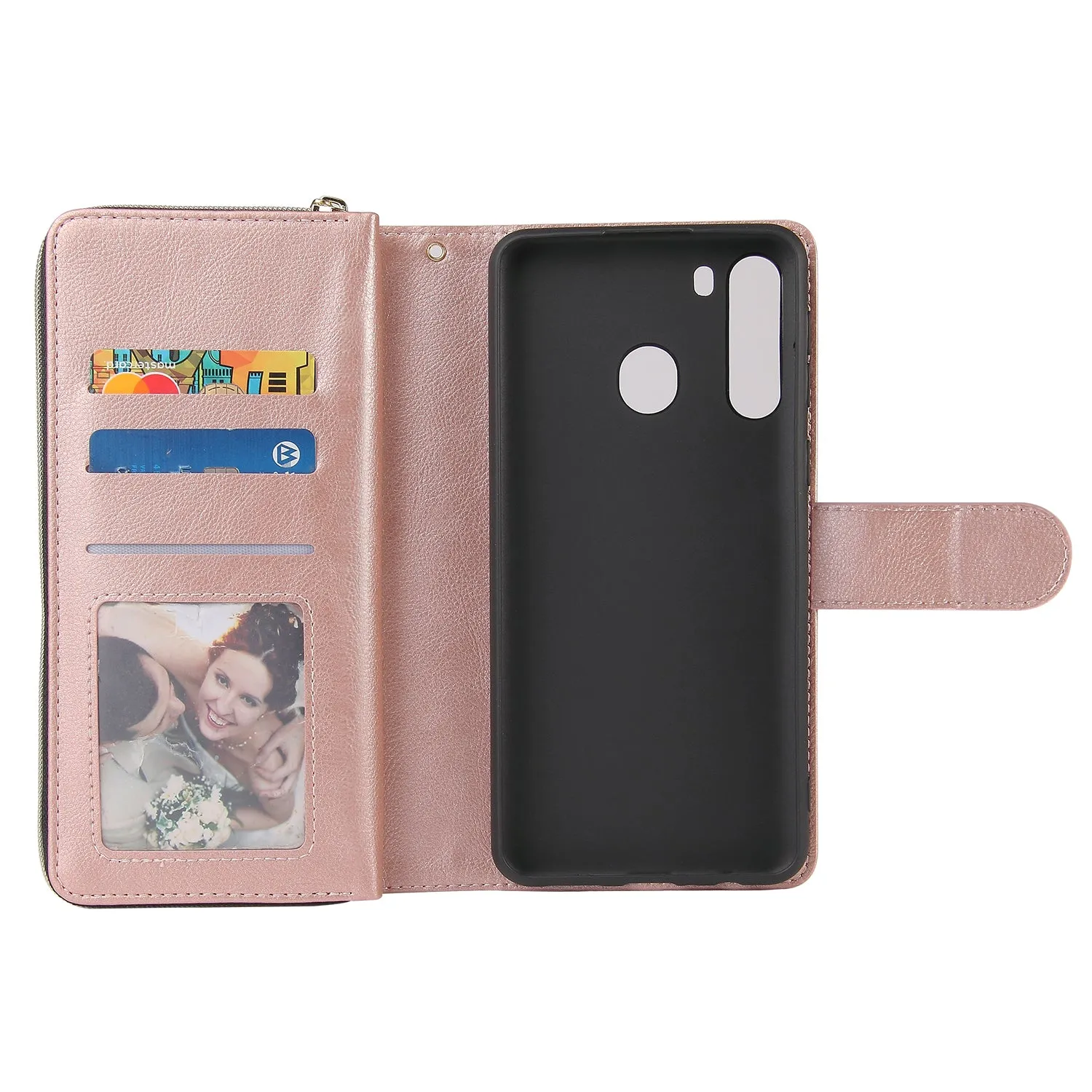 For Samsung A01/A21/A31/A41/A51 Pu Leather  Mobile Phone Cover Zipper Card Bag   Wrist Strap Rose gold