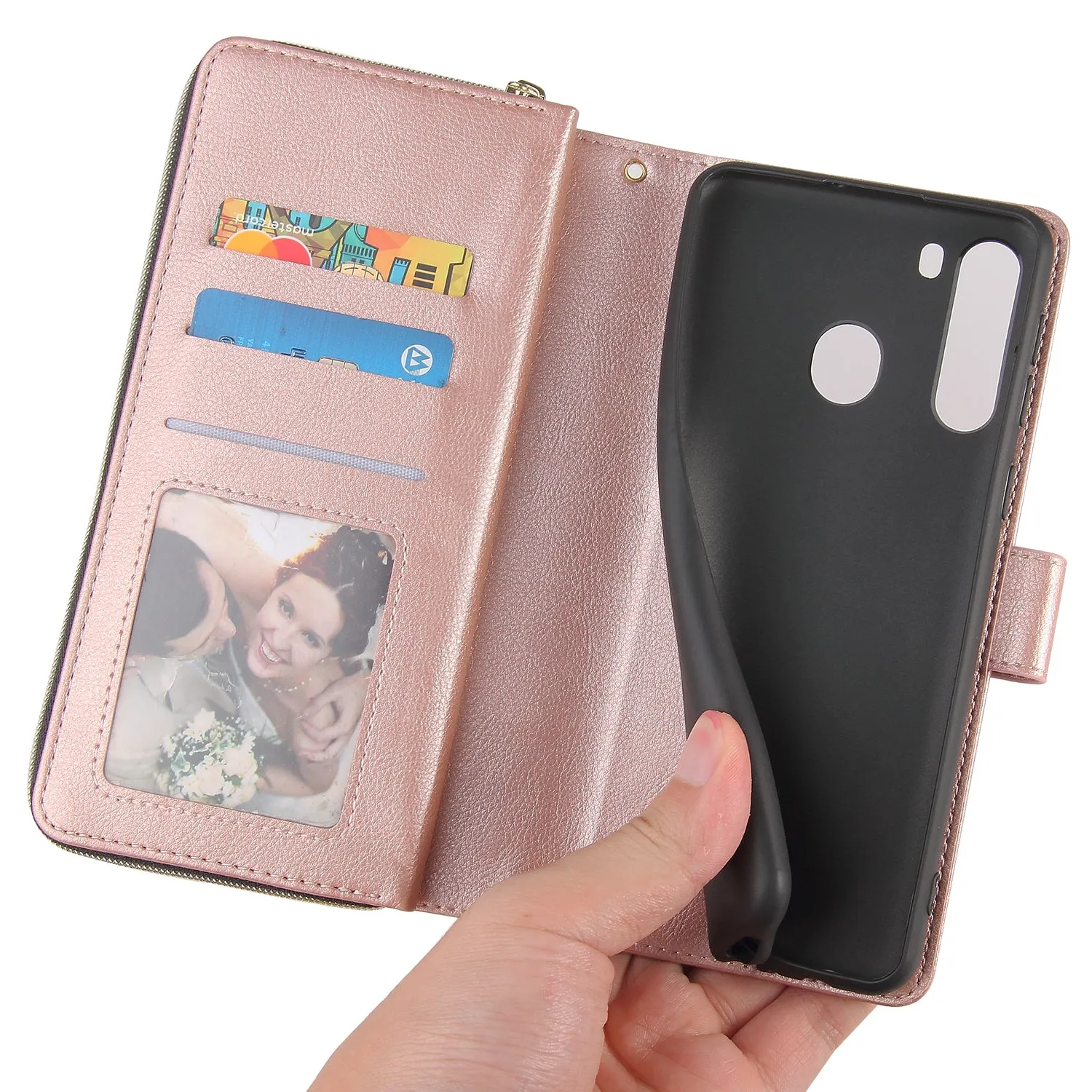 For Samsung A01/A21/A31/A41/A51 Pu Leather  Mobile Phone Cover Zipper Card Bag   Wrist Strap Rose gold