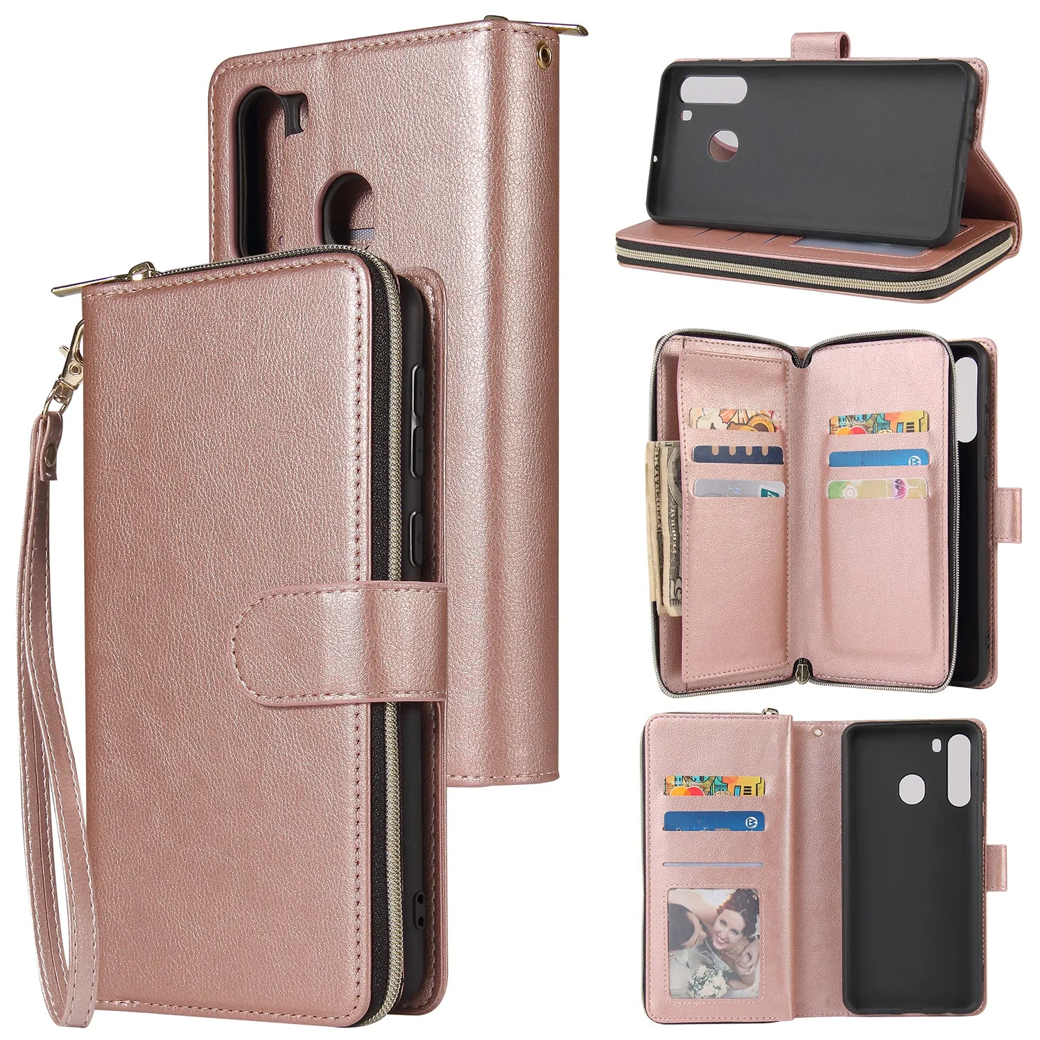 For Samsung A01/A21/A31/A41/A51 Pu Leather  Mobile Phone Cover Zipper Card Bag   Wrist Strap Rose gold
