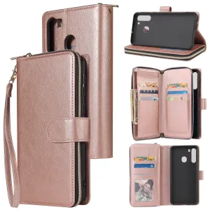 For Samsung A01/A21/A31/A41/A51 Pu Leather  Mobile Phone Cover Zipper Card Bag   Wrist Strap Rose gold