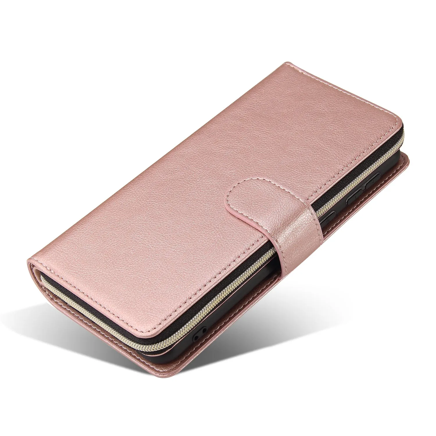 For Samsung A01/A21/A31/A41/A51 Pu Leather  Mobile Phone Cover Zipper Card Bag   Wrist Strap Rose gold