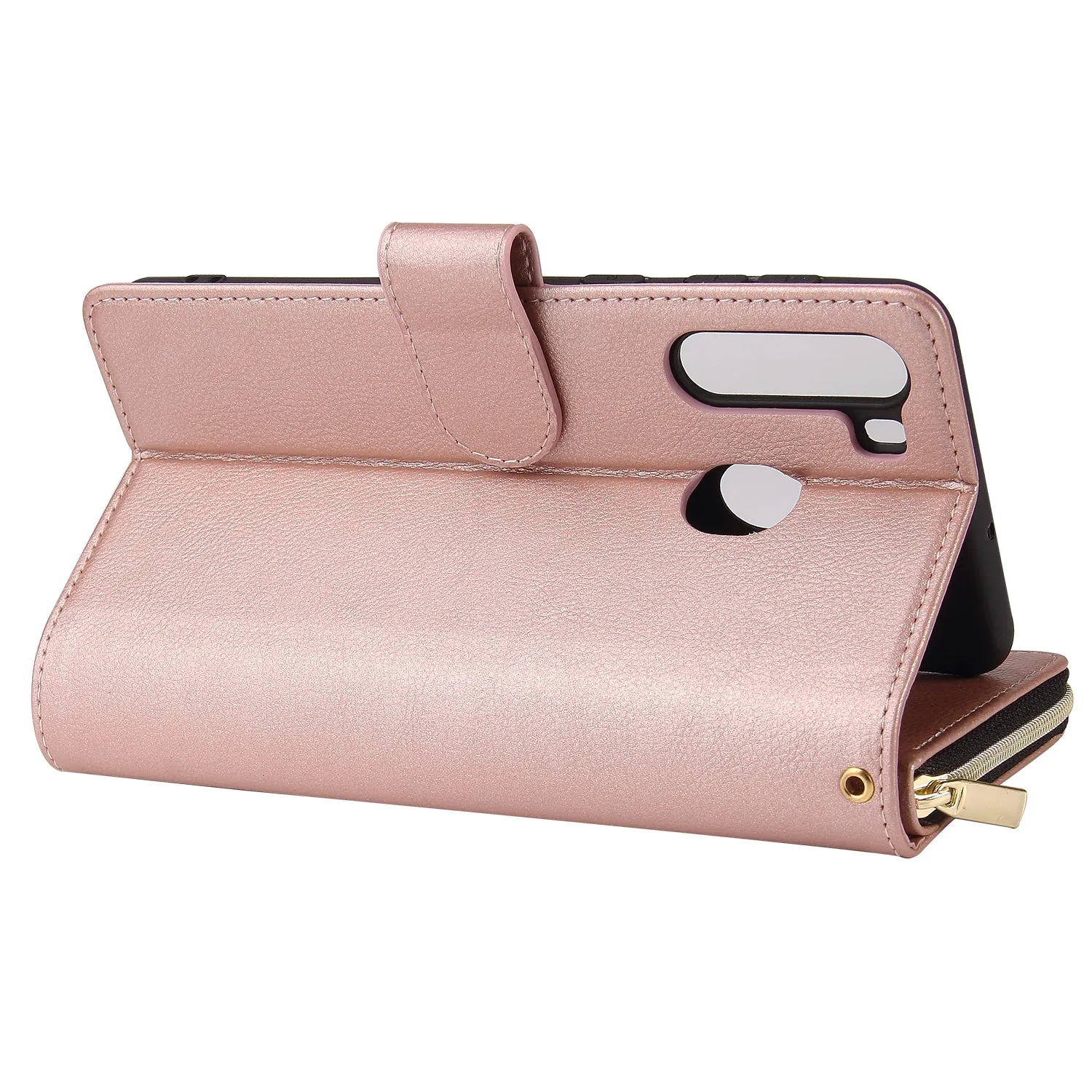 For Samsung A01/A21/A31/A41/A51 Pu Leather  Mobile Phone Cover Zipper Card Bag   Wrist Strap Rose gold