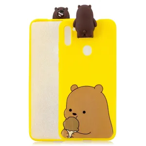 For Samsung A11 Soft TPU Back Cover Cartoon Painting Mobile Phone Case Shell with Bracket Brown Bear