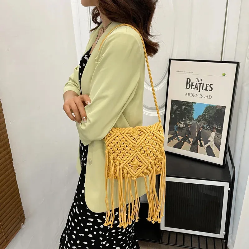 Fringed Woven Crochet Crossbody Bag