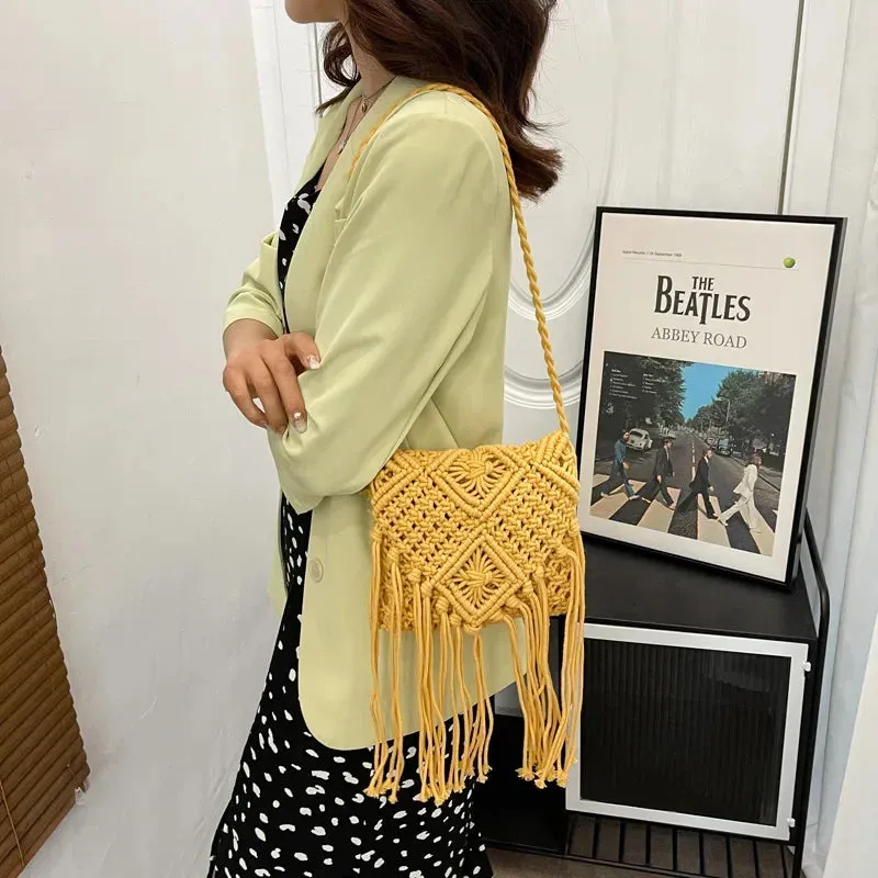 Fringed Woven Crochet Crossbody Bag