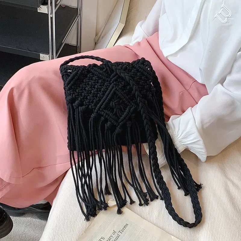 Fringed Woven Crochet Crossbody Bag
