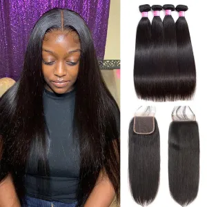 Full Straight Human Hair 4 Bundles with 4*4 Lace Clsoure Natural Black