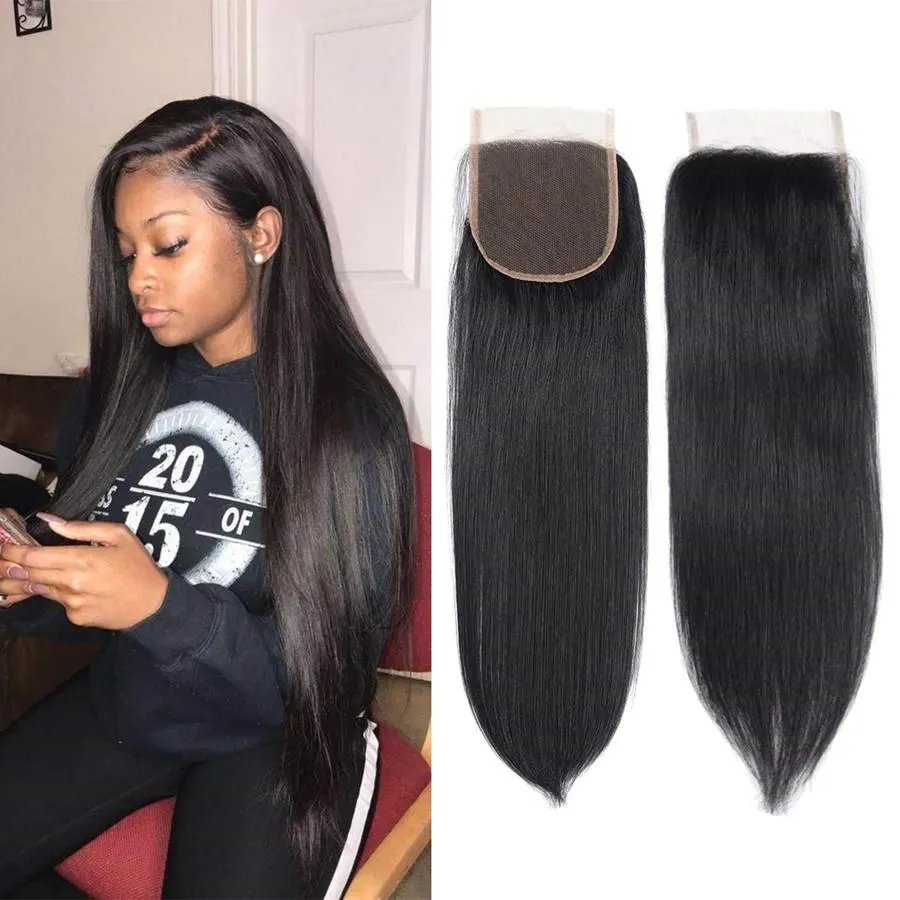 Full Straight Human Hair 4 Bundles with 4*4 Lace Clsoure Natural Black