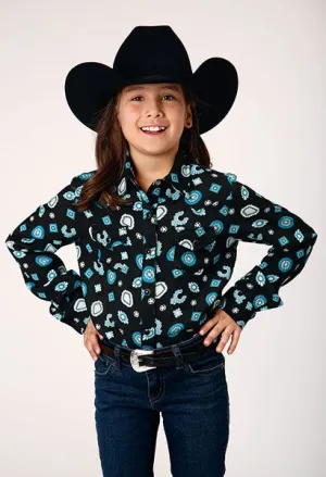 Girls Roper Apparel Black Western Snap Blouse with Turquoise Western Jewelry Allover Print