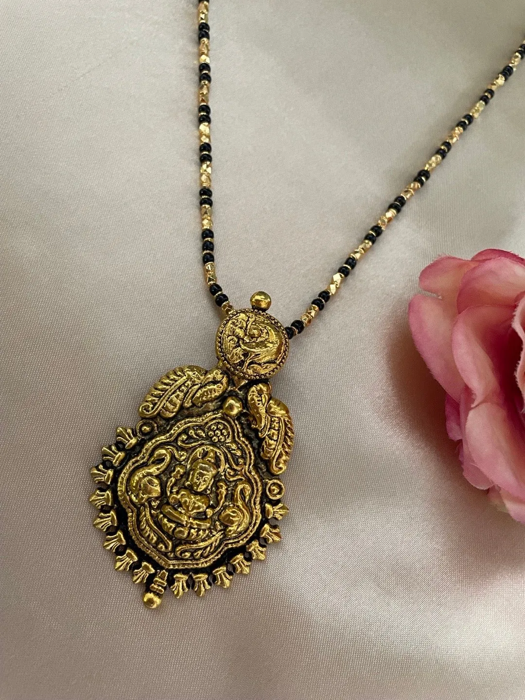 Gold Plated Maharashtrian Long Mangalsutra Laxmi Pendant Black Bead Chain
