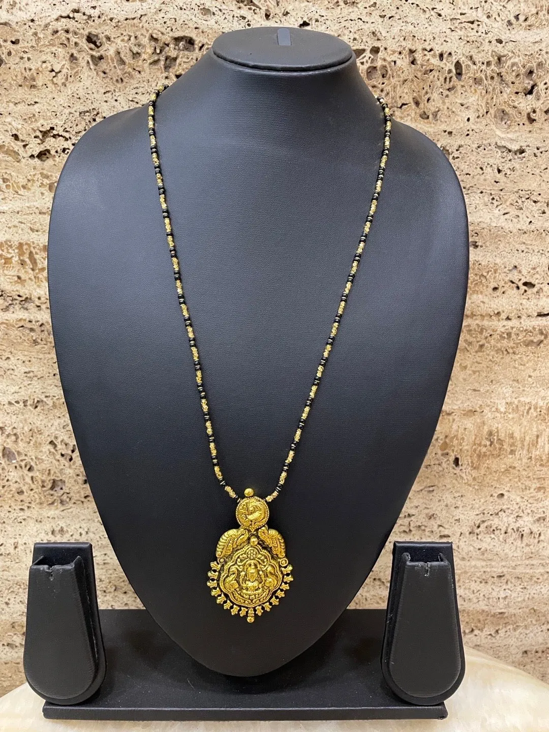 Gold Plated Maharashtrian Long Mangalsutra Laxmi Pendant Black Bead Chain