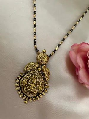 Gold Plated Maharashtrian Long Mangalsutra Laxmi Pendant Black Bead Chain