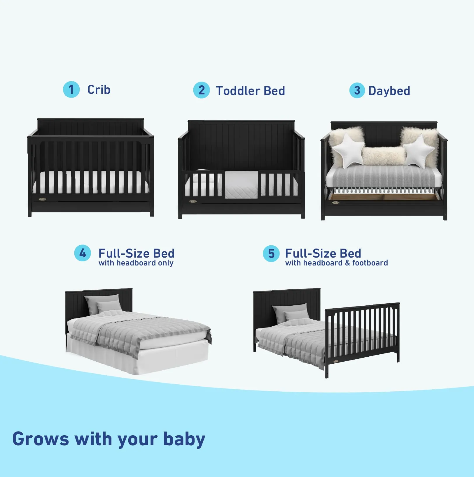Graco Hadley 5-in-1 Convertible Crib with Drawer (Black) – Combo, Includes Full-Size Nursery Storage, Converts from Baby Crib to Toddler Bed, Daybed