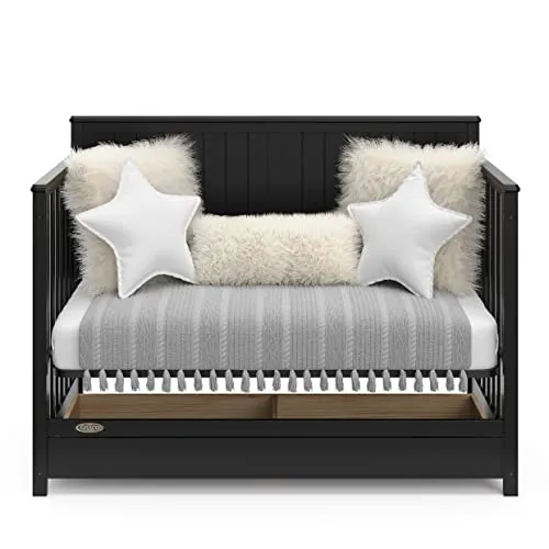 Graco Hadley 5-in-1 Convertible Crib with Drawer (Black) – Combo, Includes Full-Size Nursery Storage, Converts from Baby Crib to Toddler Bed, Daybed