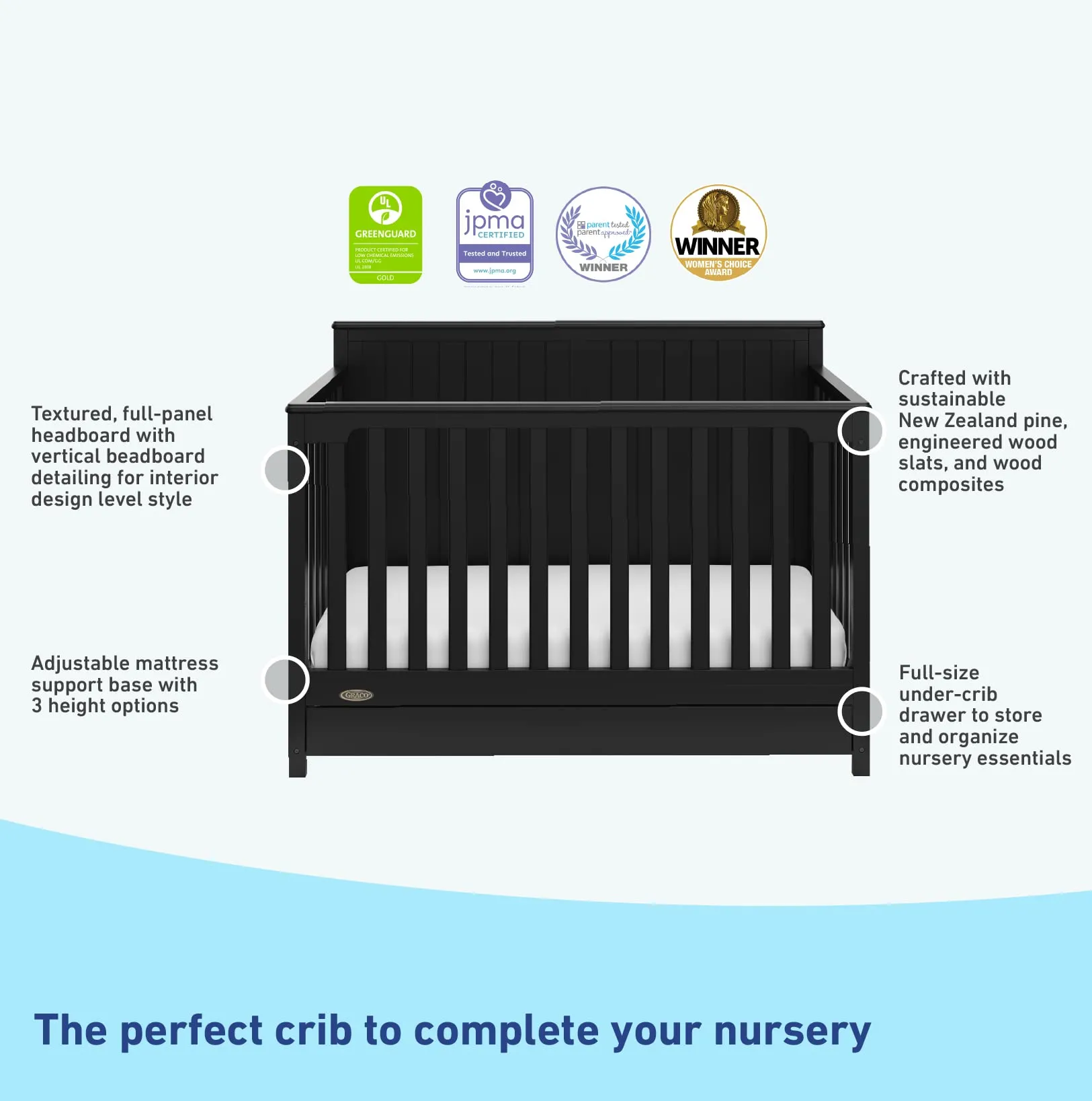 Graco Hadley 5-in-1 Convertible Crib with Drawer (Black) – Combo, Includes Full-Size Nursery Storage, Converts from Baby Crib to Toddler Bed, Daybed