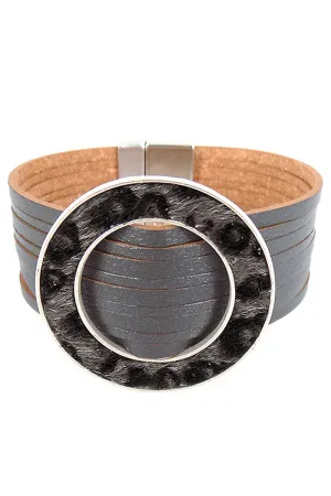Gray Faux Leather Gray Leopard Ring Multi-Strand Magnetic Bracelet