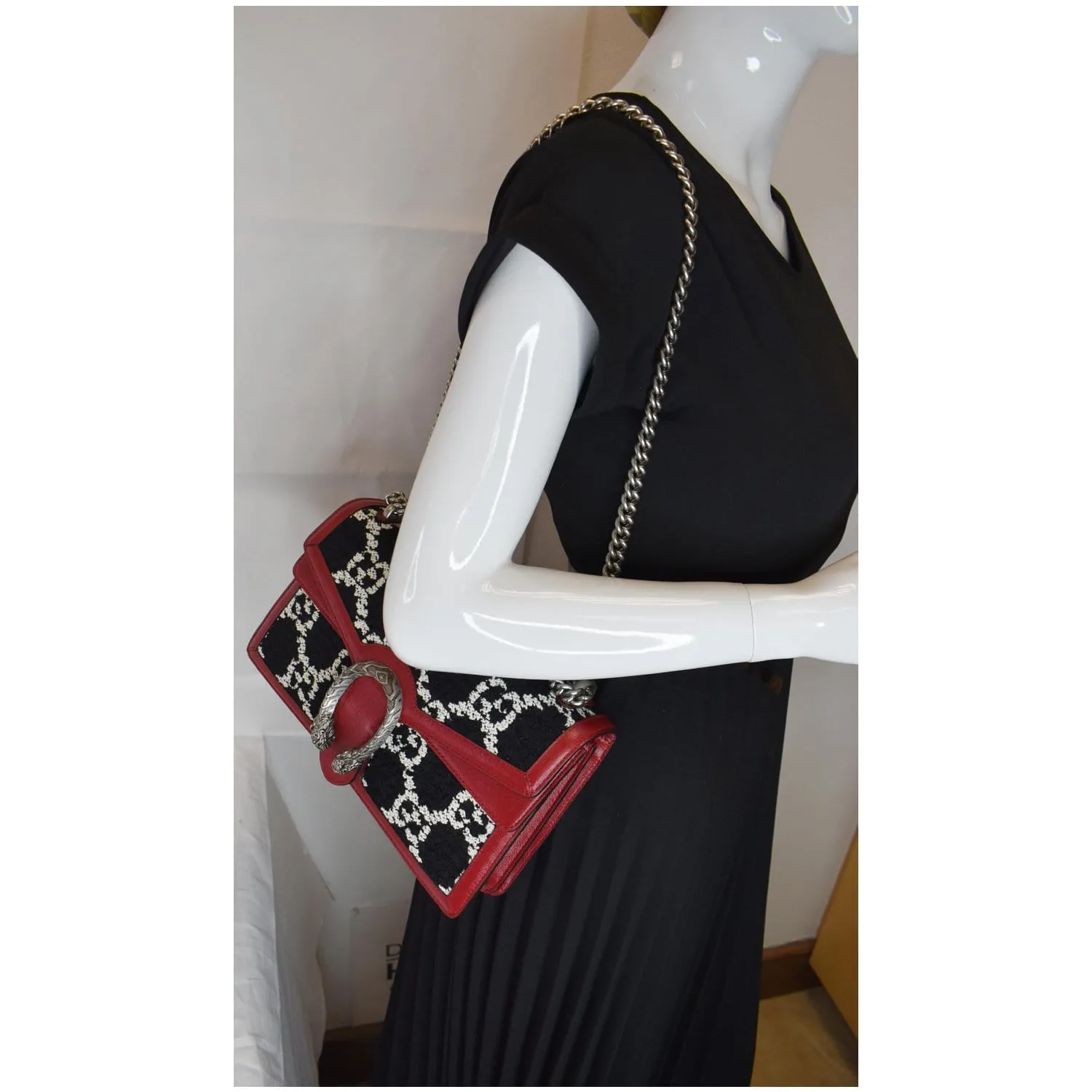 GUCCI Dionysus GG Tweed Small Shoulder Bag Cerise 400249