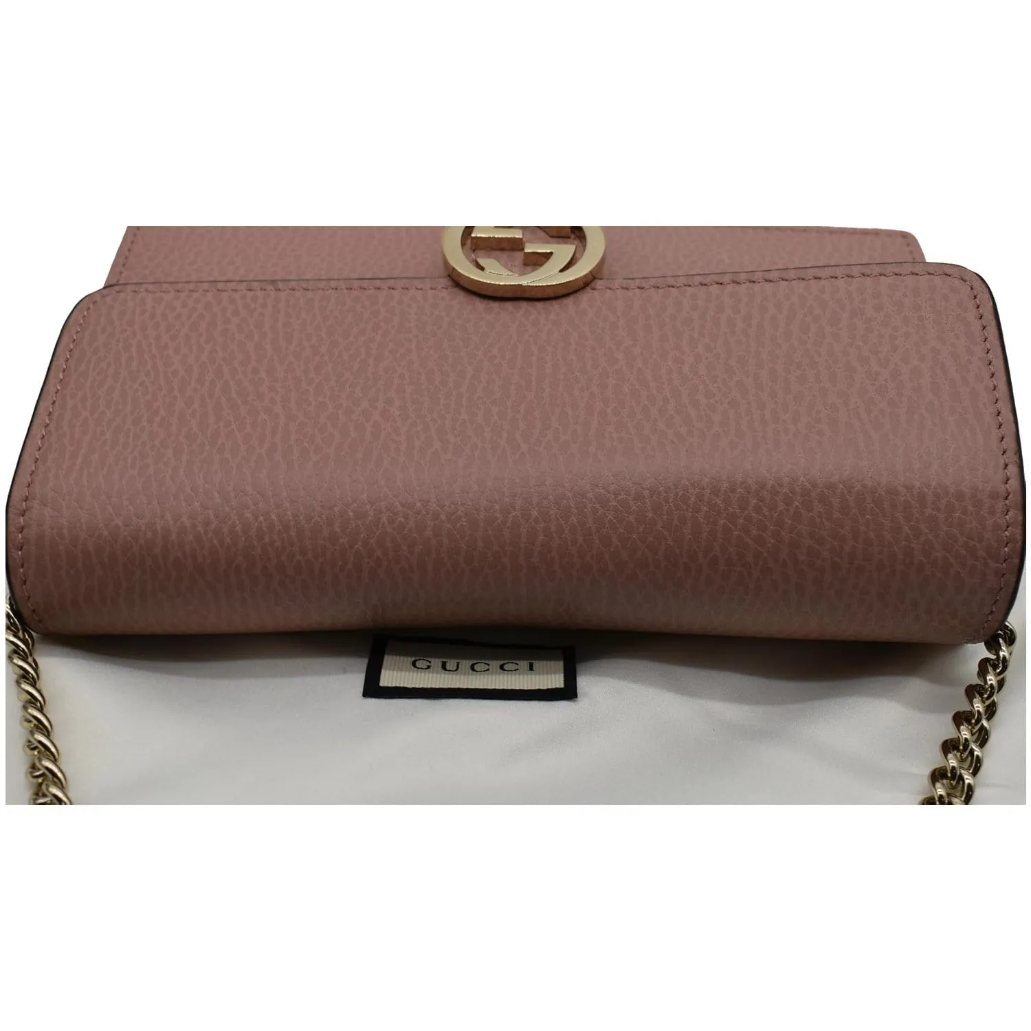 GUCCI Dollar Interlocking G Calfskin Leather Chain Wallet Crossbody Bag Soft Pink 510314