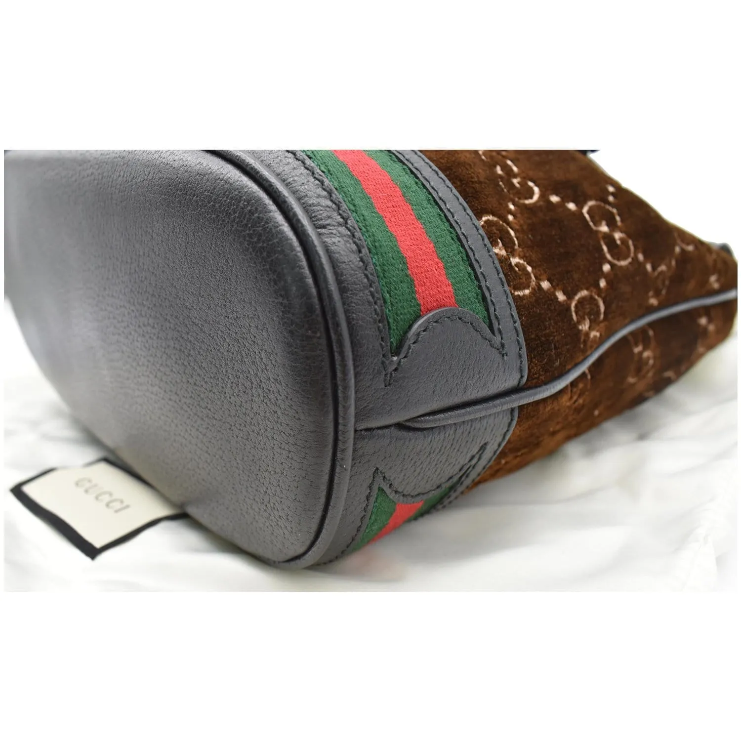 GUCCI GG Monogram Web Velvet Bucket Bag Brown 574960