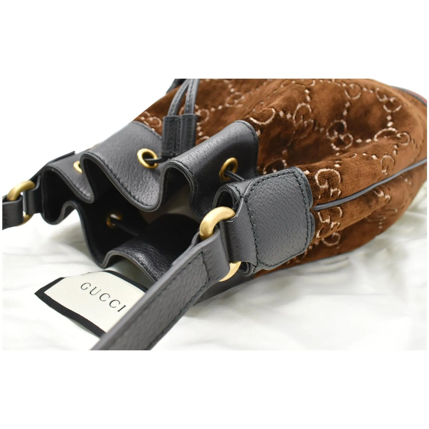 GUCCI GG Monogram Web Velvet Bucket Bag Brown 574960
