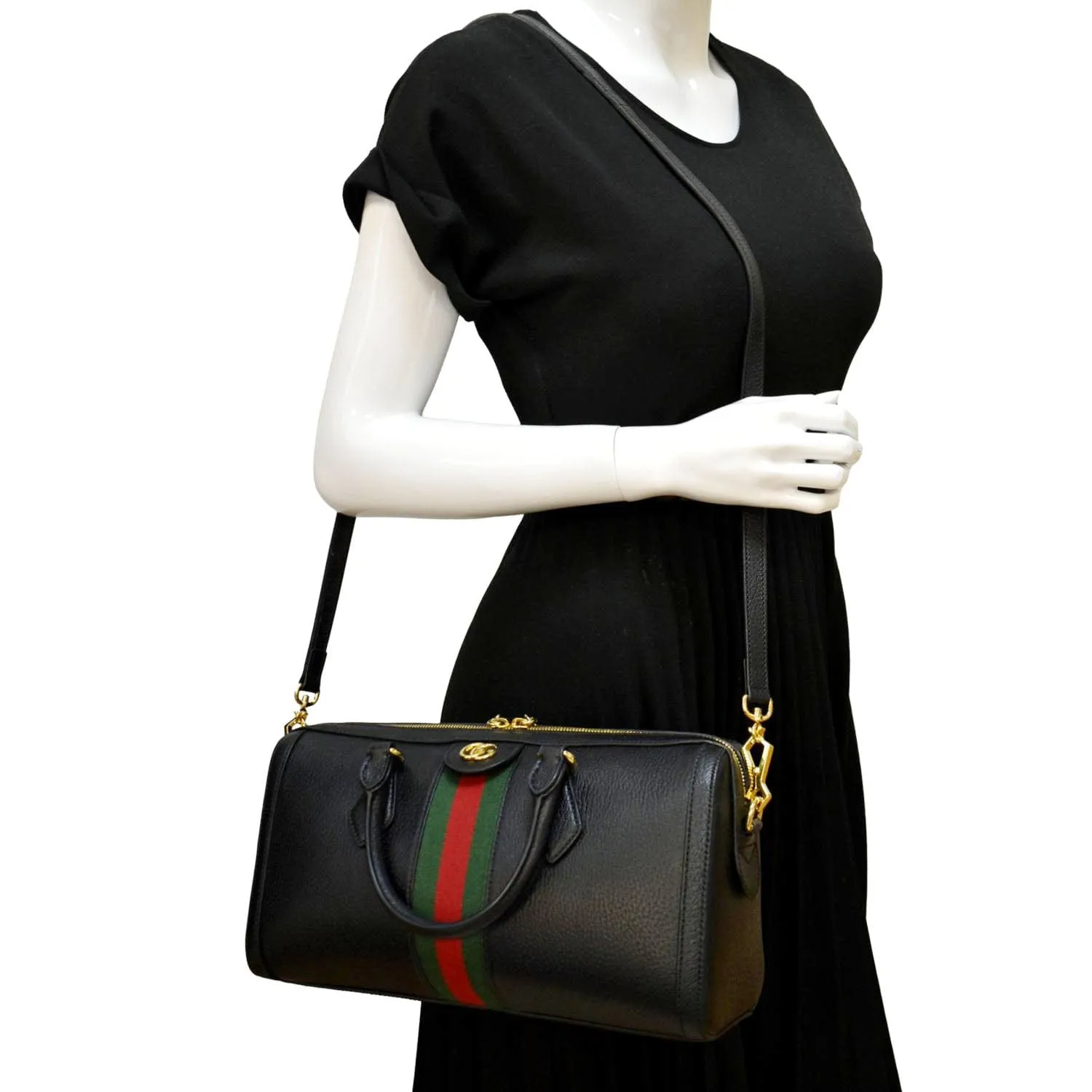 GUCCI Ophidia GG Web Leather Top Handle Shoulder Bag Black 524532