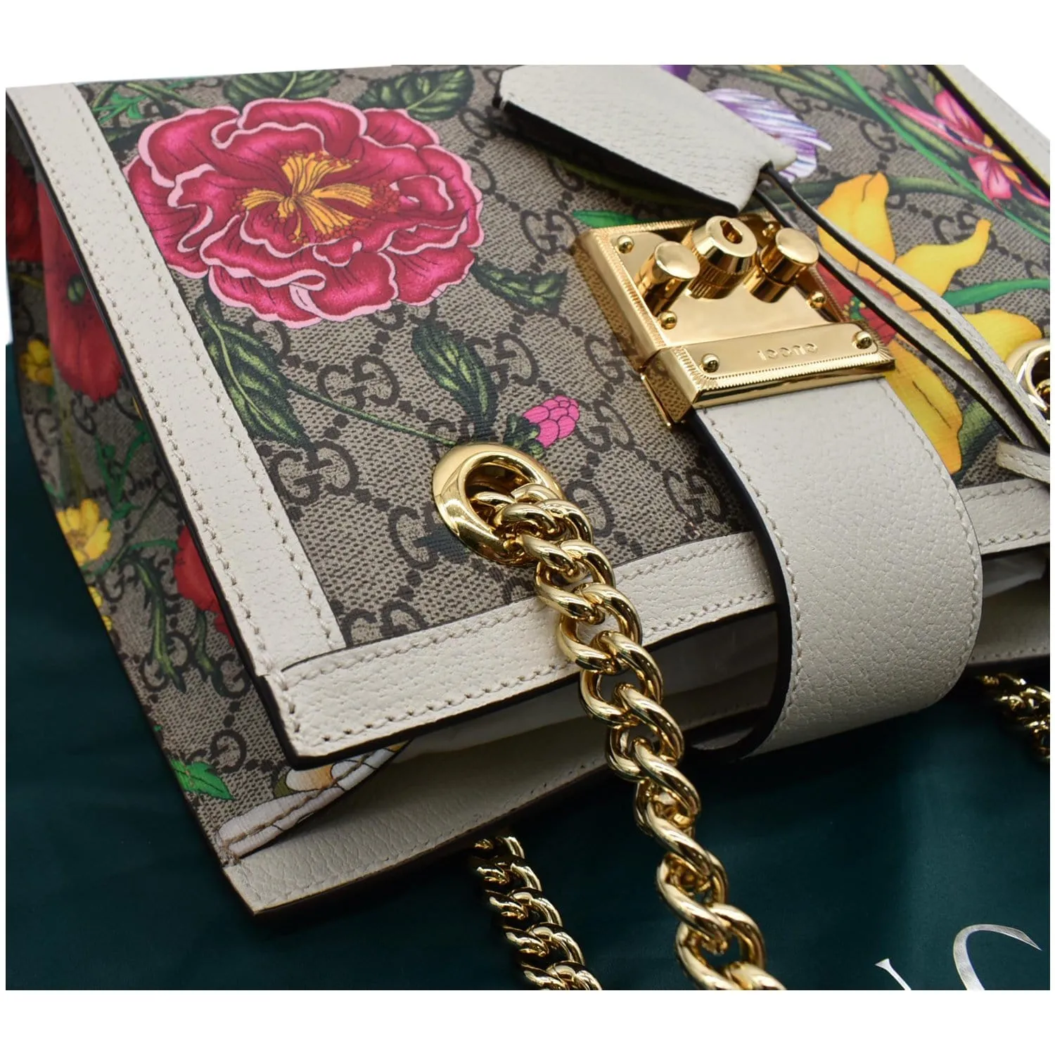 GUCCI Padlock Flora Small GG Supreme Canvas Shoulder Bag Beige 498156