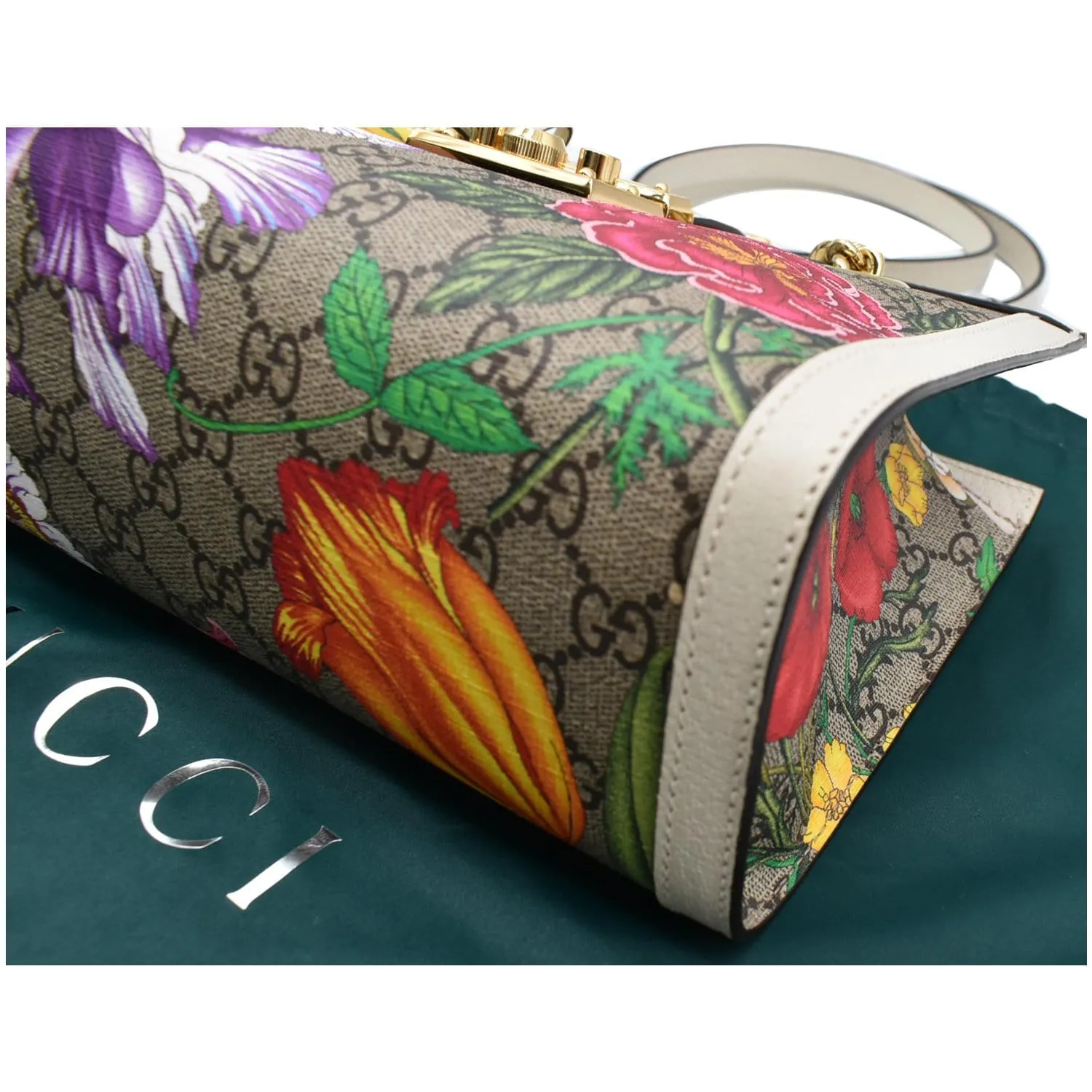 GUCCI Padlock Flora Small GG Supreme Canvas Shoulder Bag Beige 498156
