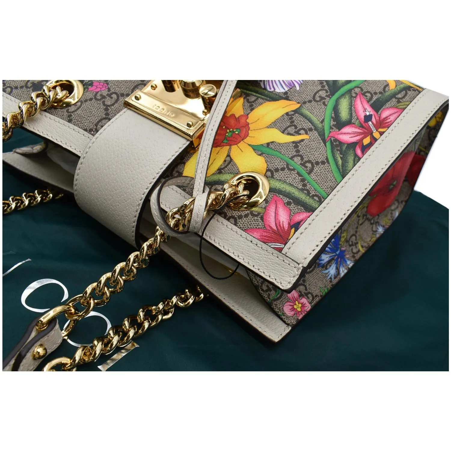 GUCCI Padlock Flora Small GG Supreme Canvas Shoulder Bag Beige 498156