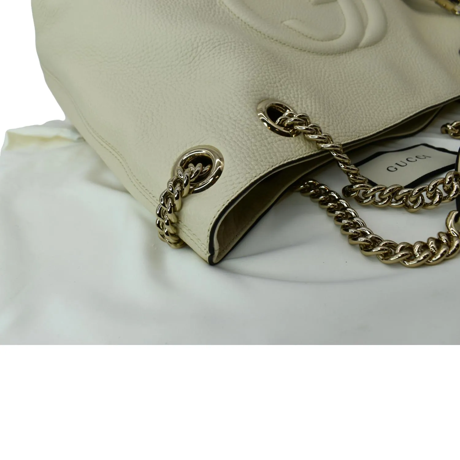 GUCCI Soho Medium Chain Leather Tote Shoulder Bag Ivory 536196