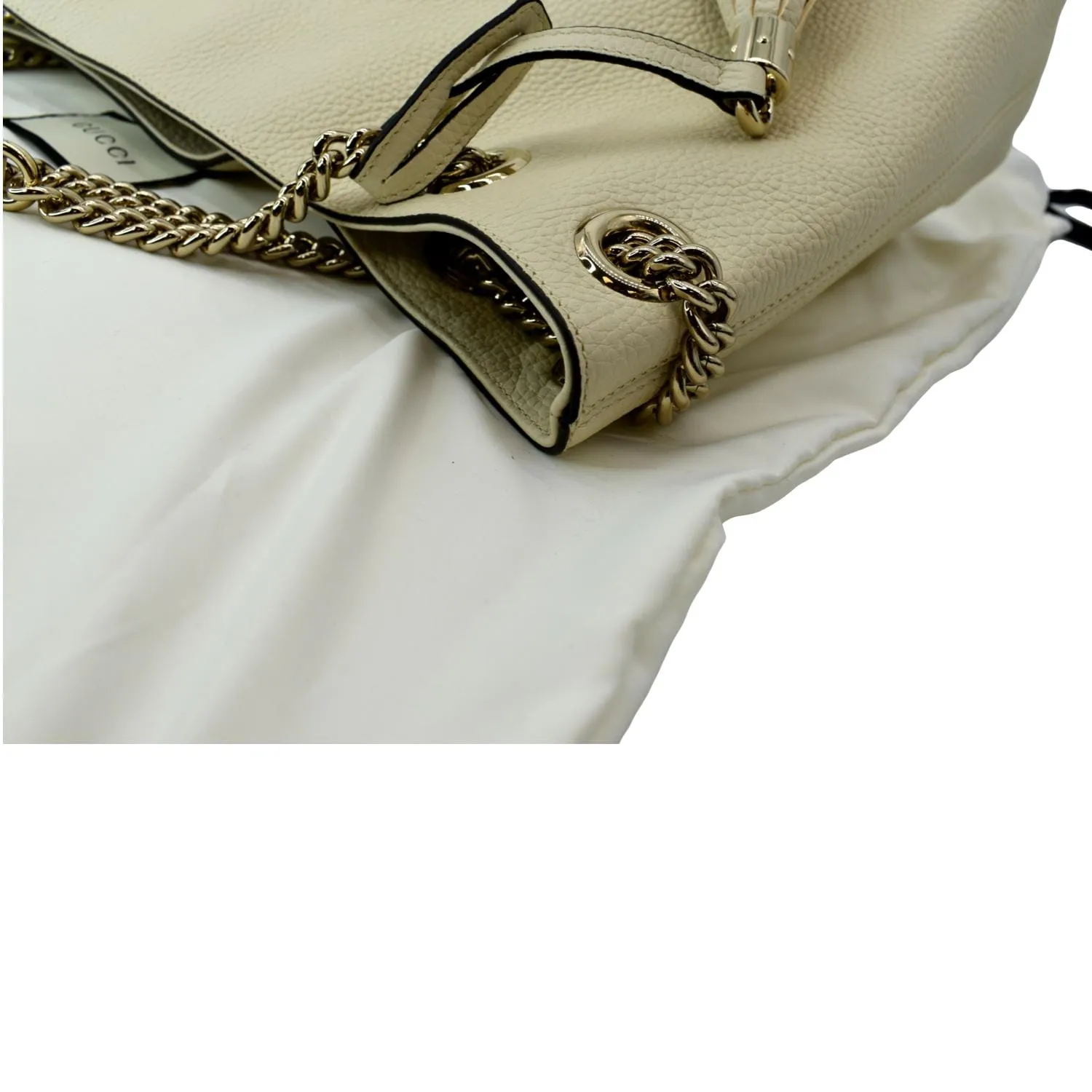 GUCCI Soho Medium Chain Leather Tote Shoulder Bag Ivory 536196