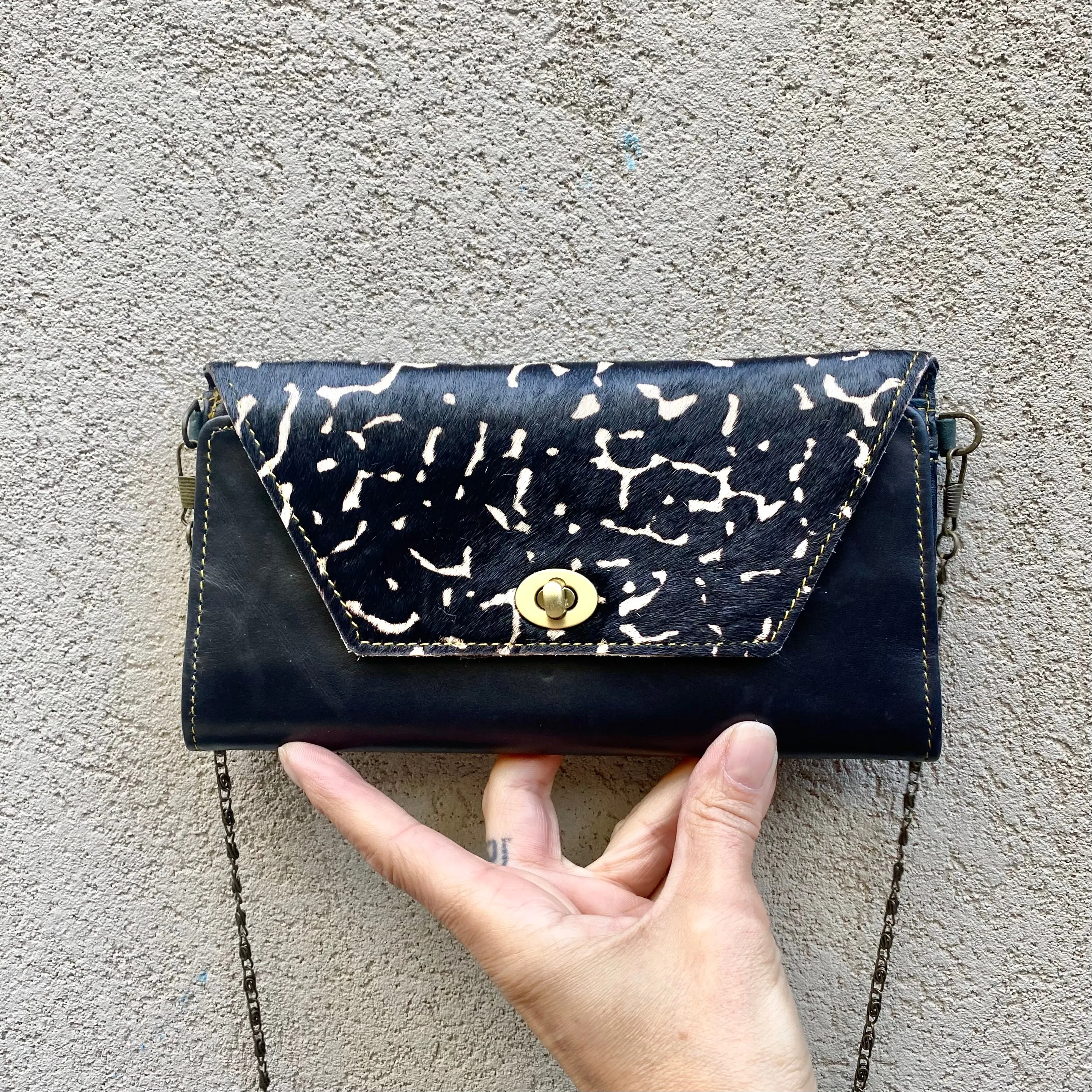 Harley Cowhide and Leather Crossbody Wallet Clutch - Black, Tan