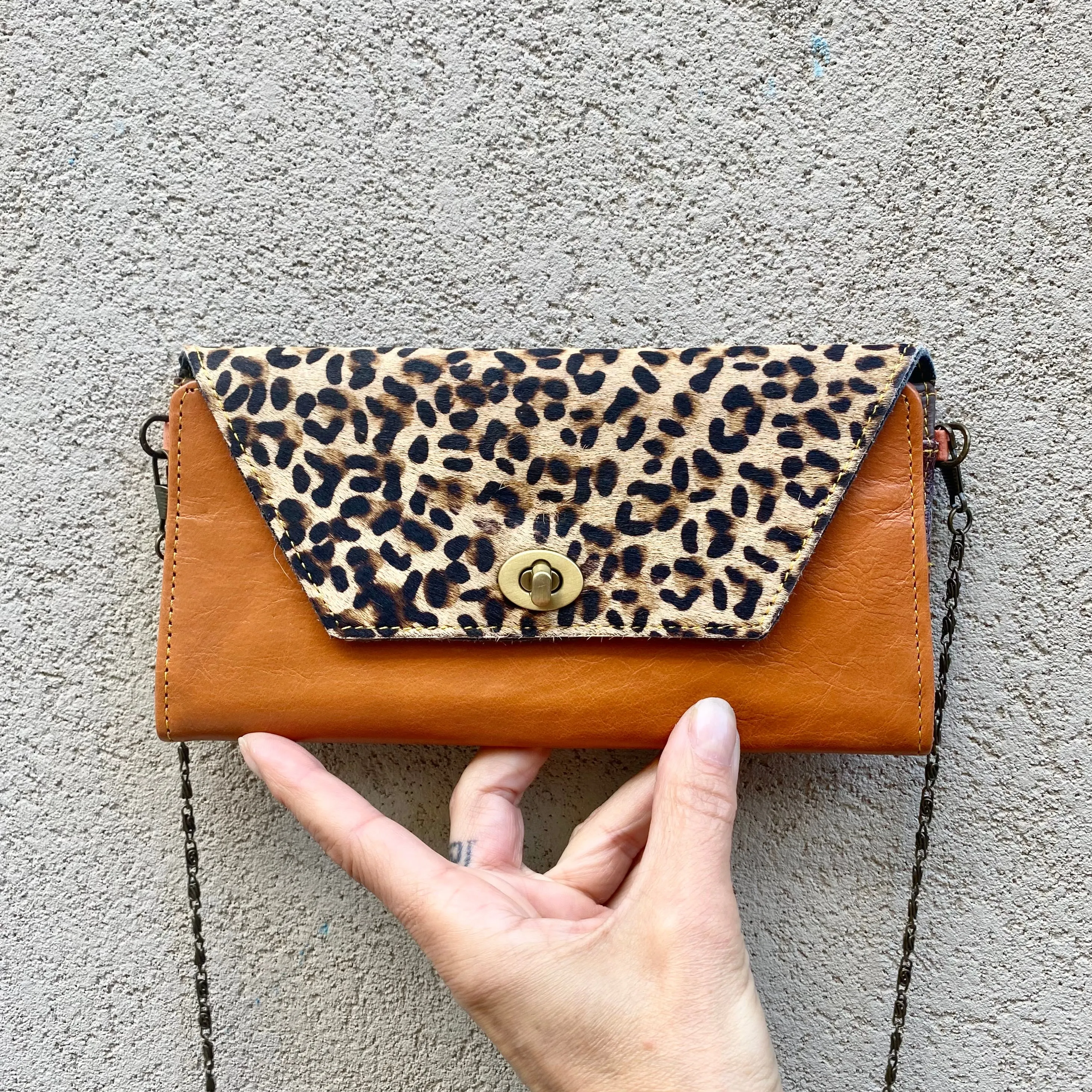 Harley Cowhide and Leather Crossbody Wallet Clutch - Sand Leopard, Dark Tan