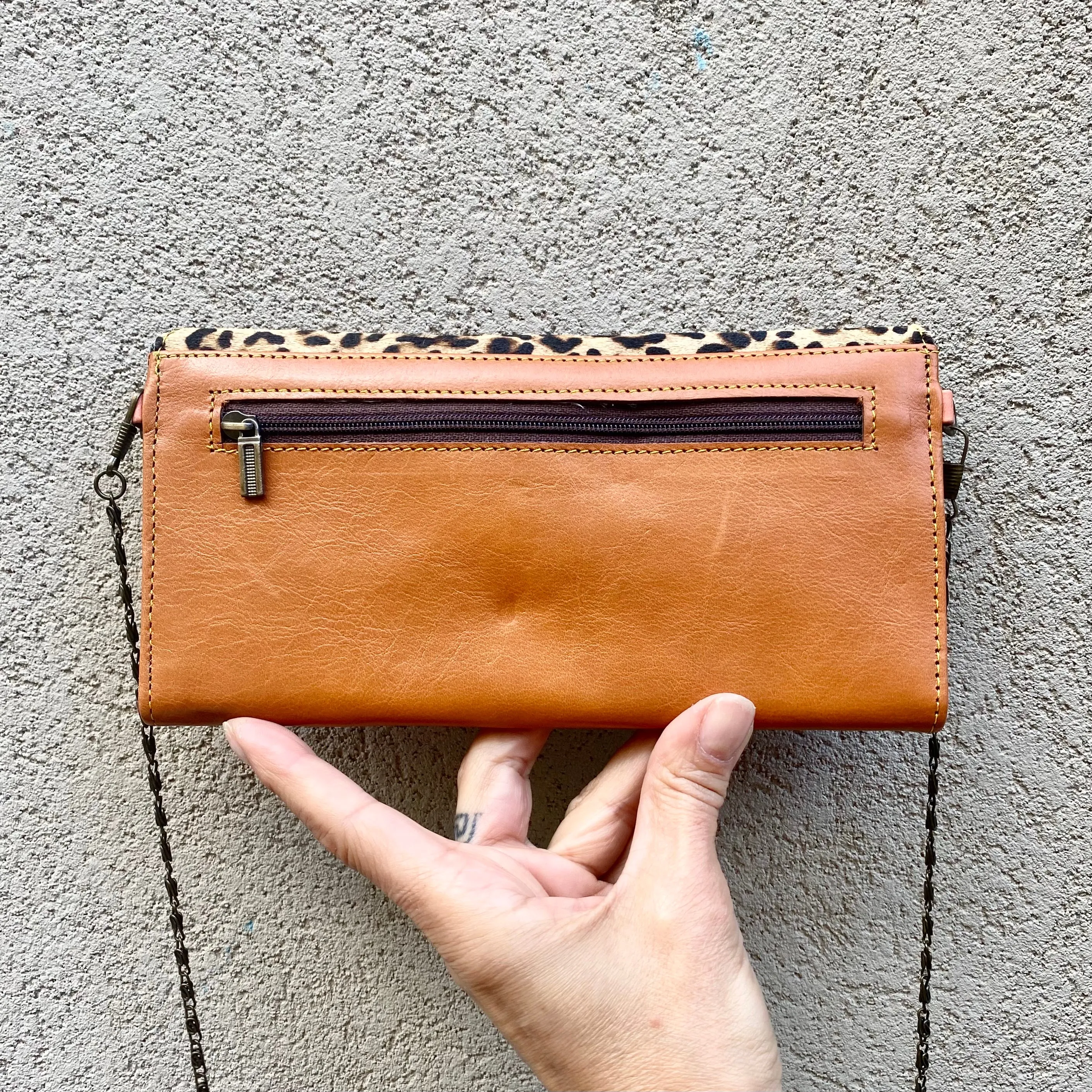 Harley Cowhide and Leather Crossbody Wallet Clutch - Sand Leopard, Dark Tan
