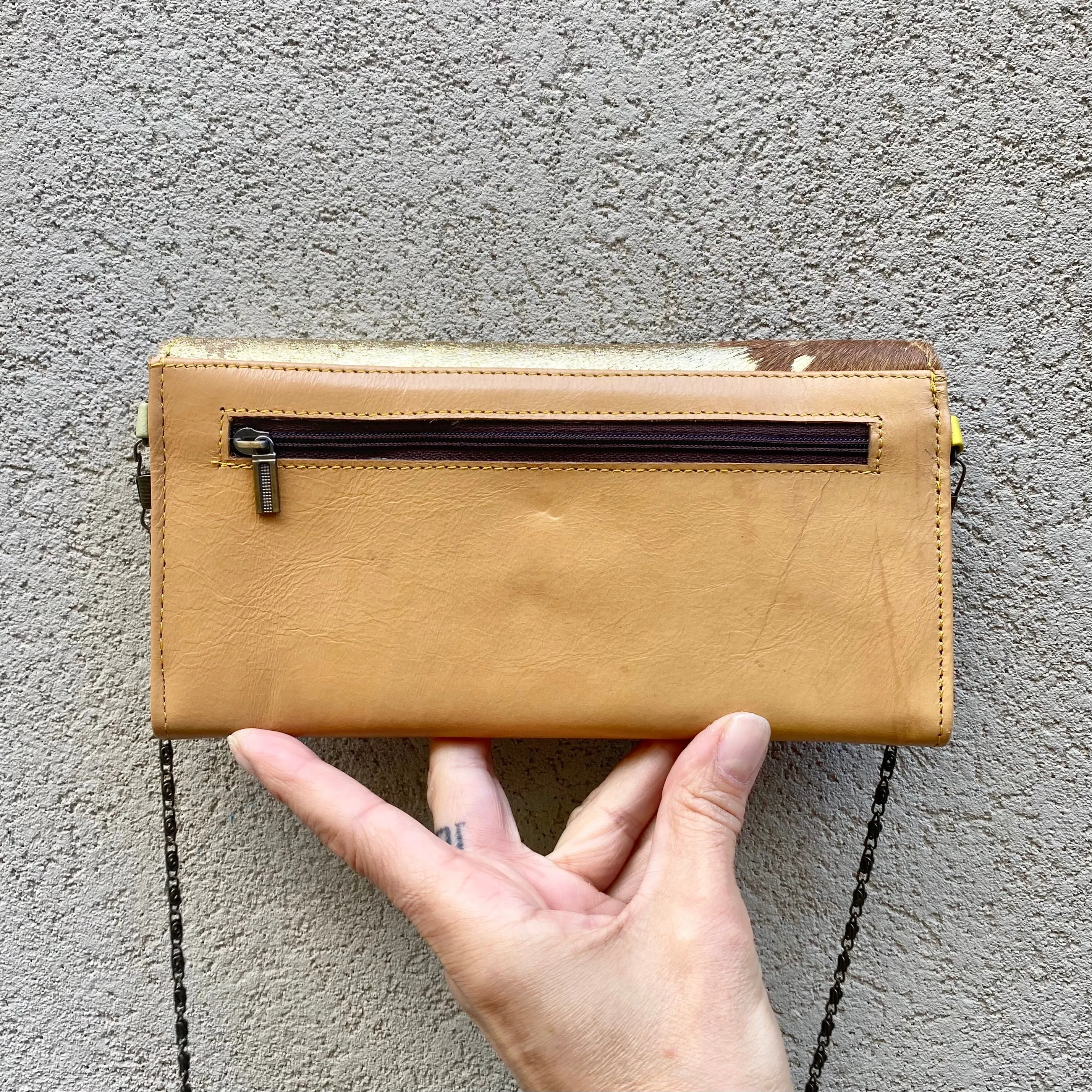 Harley Cowhide and Leather Crossbody Wallet Clutch - Tan, Gold Foil