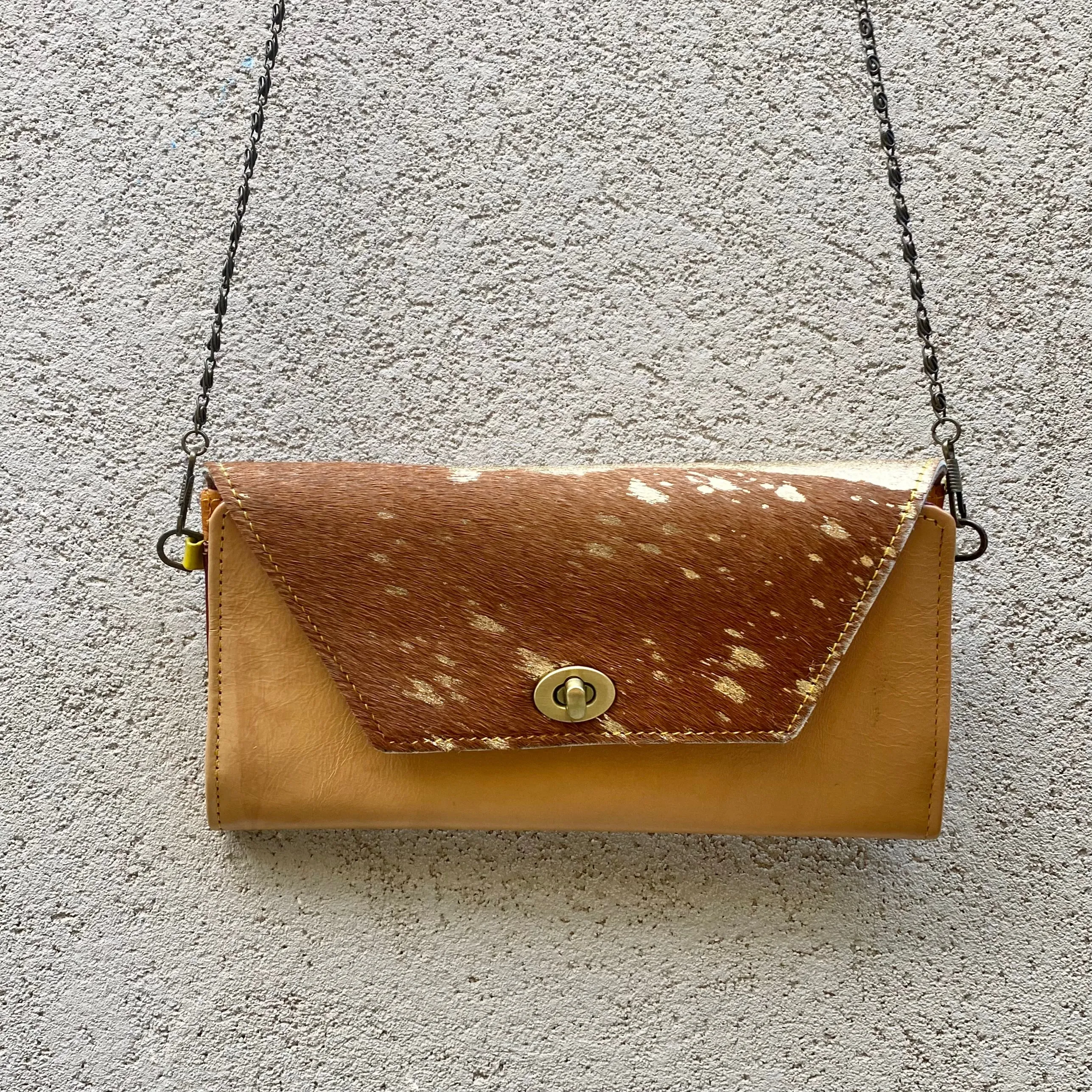 Harley Cowhide and Leather Crossbody Wallet Clutch - Tan, Gold Foil