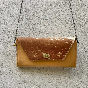Harley Cowhide and Leather Crossbody Wallet Clutch - Tan, Gold Foil