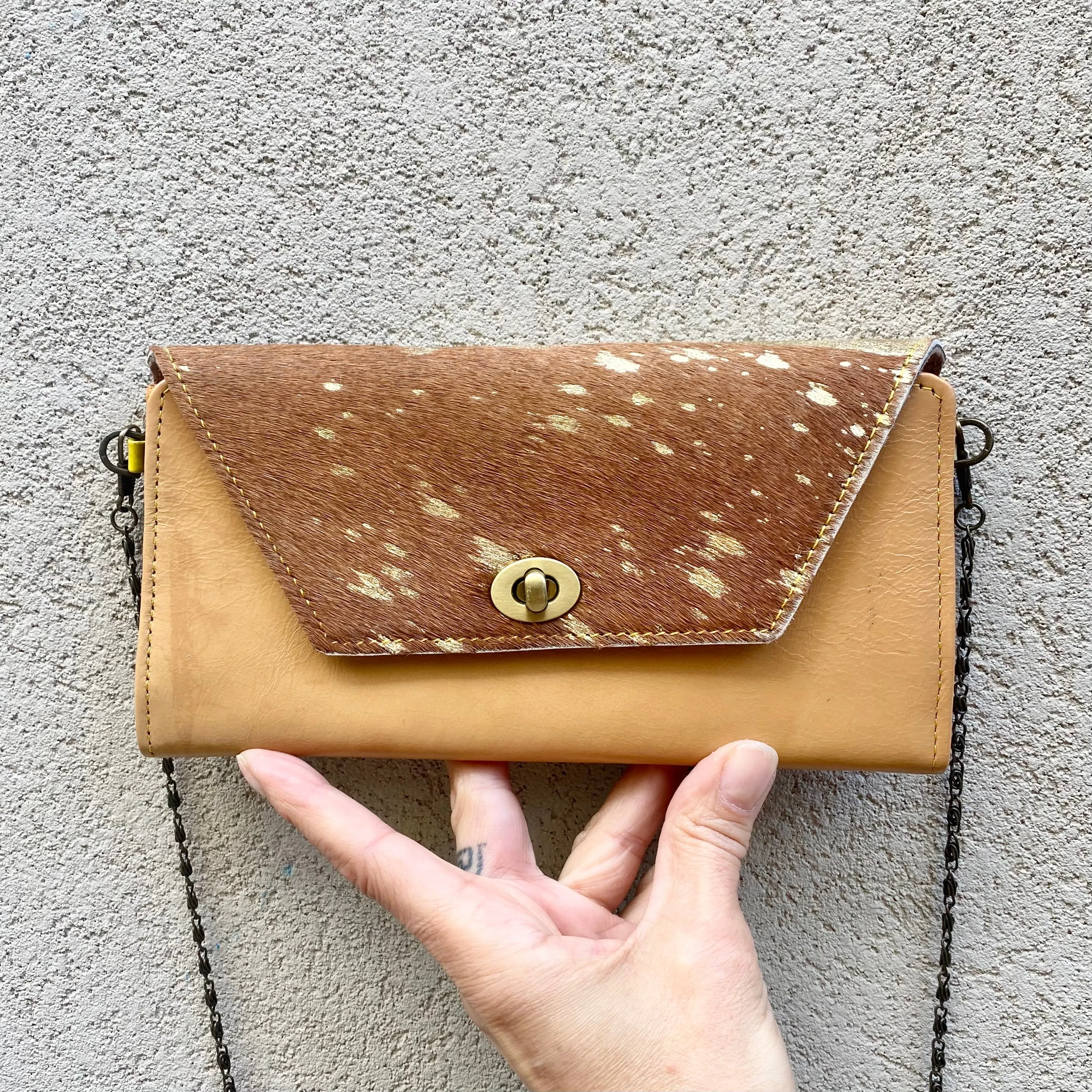 Harley Cowhide and Leather Crossbody Wallet Clutch - Tan, Gold Foil