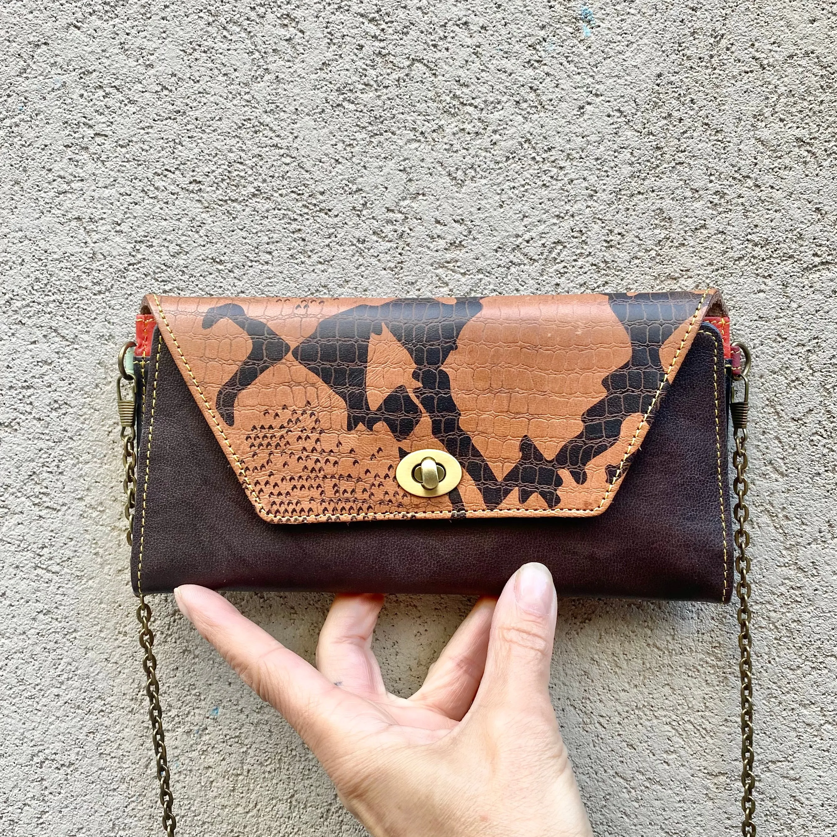 Harley Embossed Leather Crossbody Wallet Clutch - Dark Tan, Chocolate